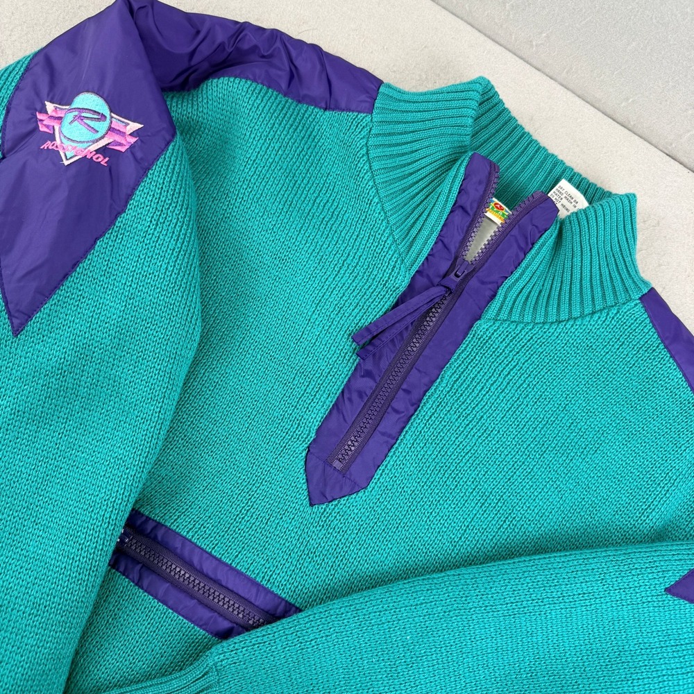Vintage‎ Rossignol G-E-A-R Mens Quarter Zip Wool Blend Ski Sweater Teal Purple M